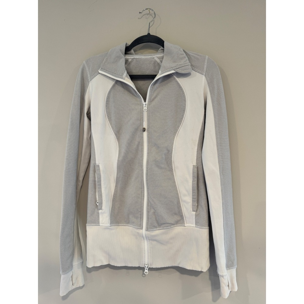 Lululemon Define Jacket Grey White Micro Stripe Full Zip Thumbholes Womens 8